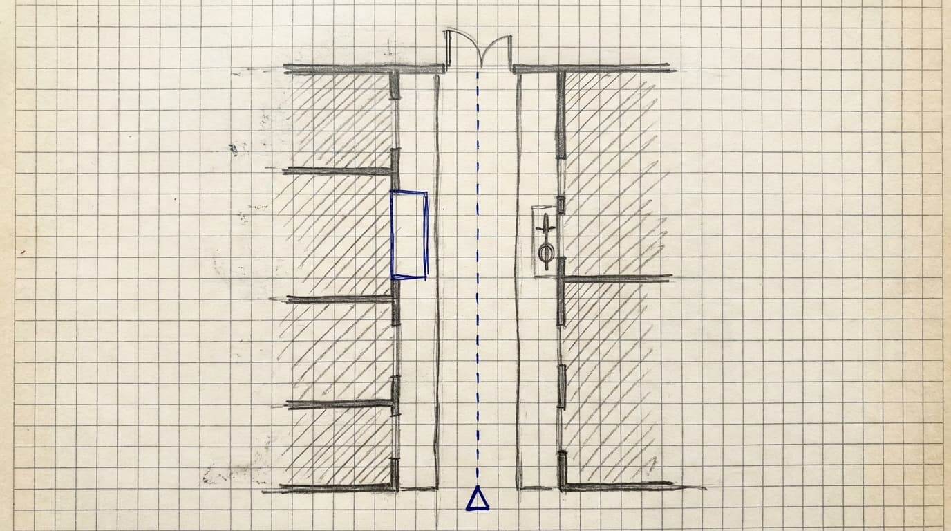 A hand-drawn overhead plan of a narrow street with an awning, a bicycle, a door and a camera position marked