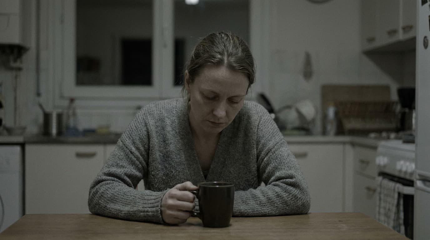 A woman at a kitchen table lit by weak flat ambient light with no shadow shape