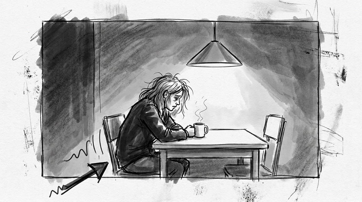 A rough hand-drawn storyboard panel of a woman at a kitchen table