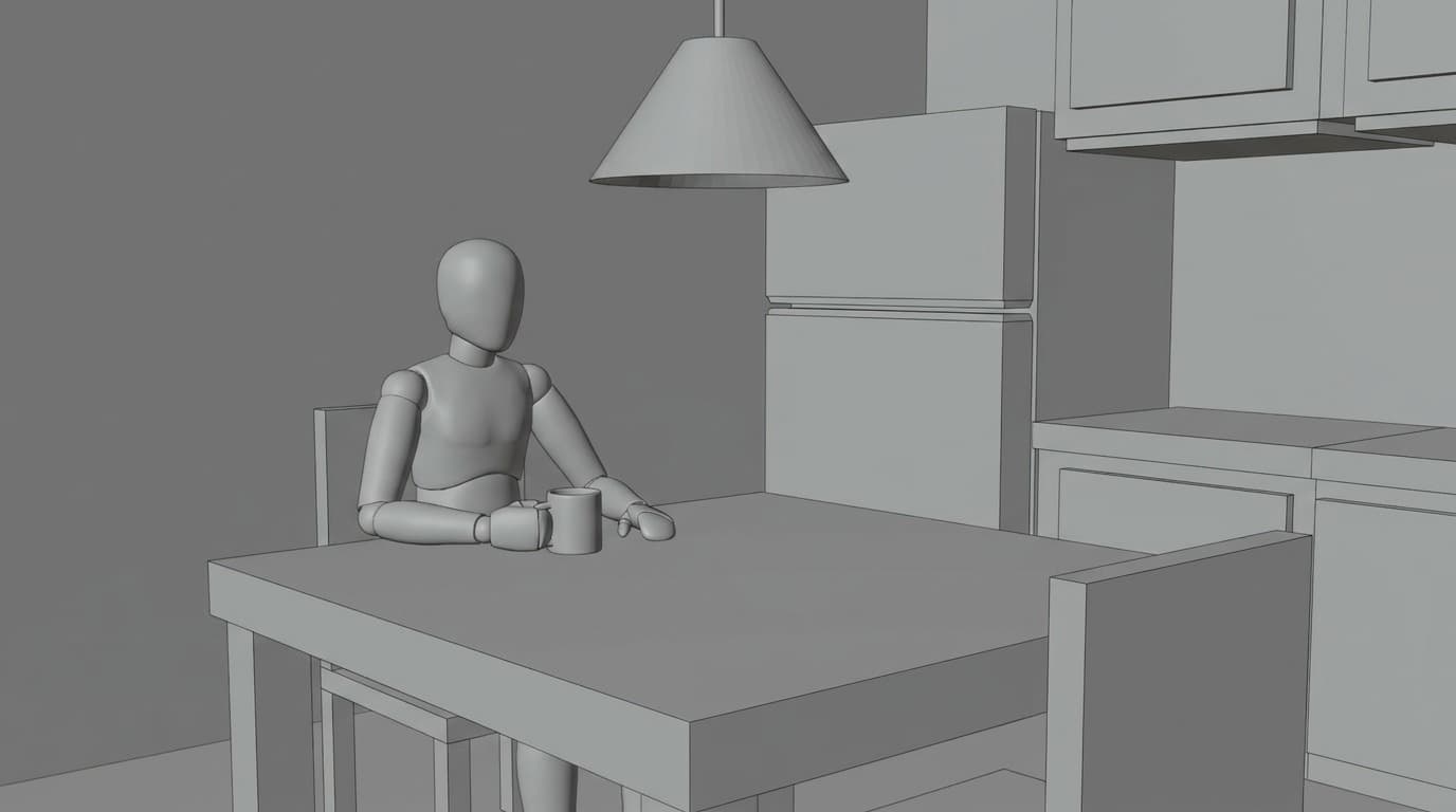 A grey clay previz frame of a mannequin at a blocked out kitchen table
