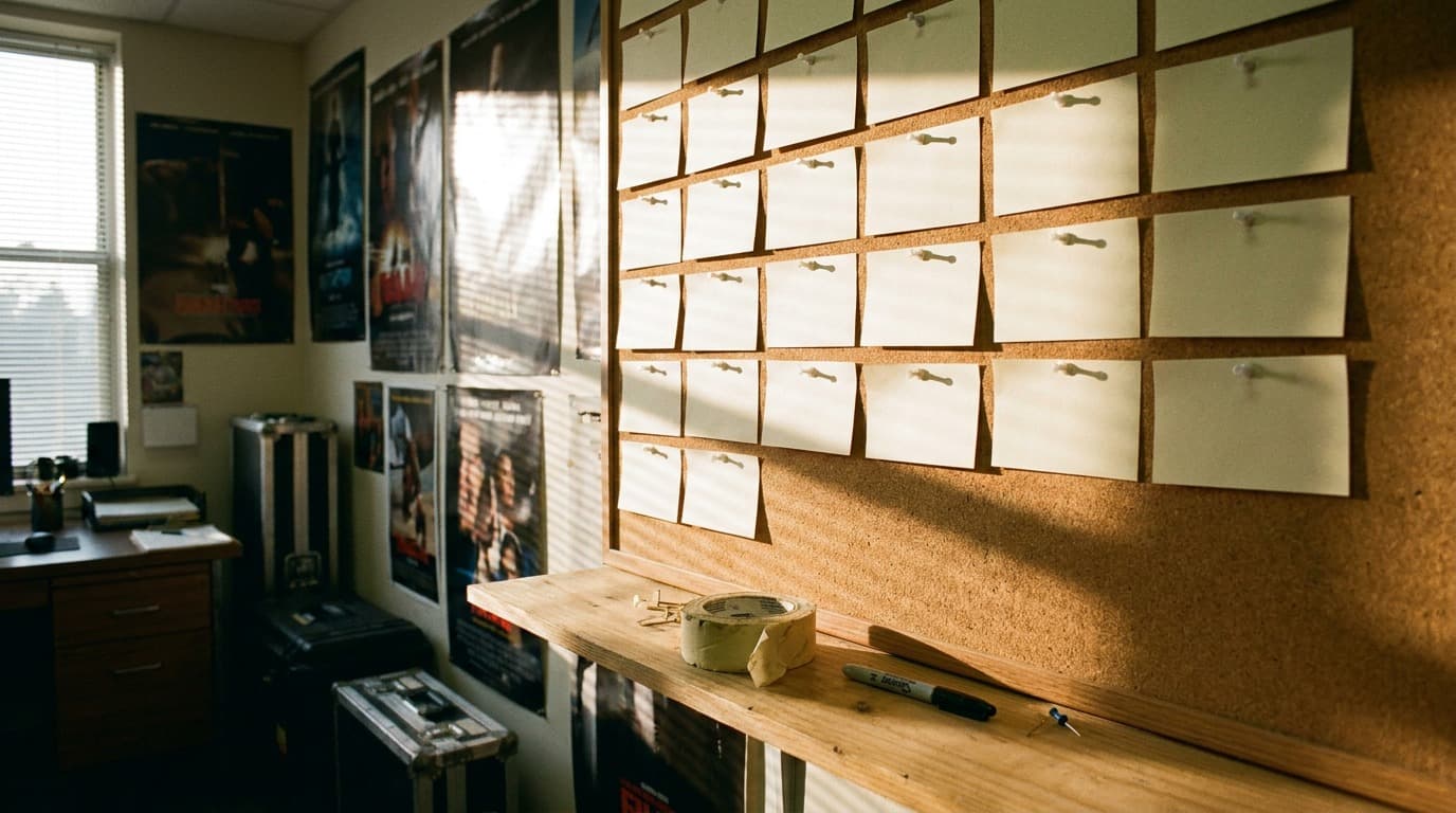 A production wall covered with a grid of index cards on pins