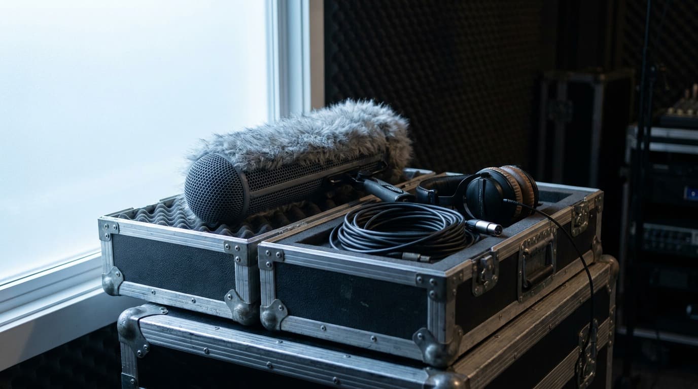 A shotgun microphone in a windshield resting on a padded flight case