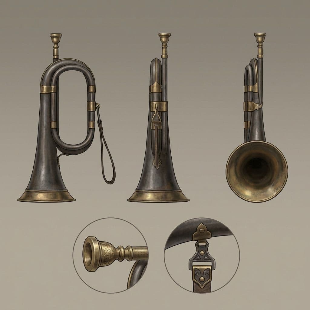 Prop design sheet — an iron and brass signal horn from three angles