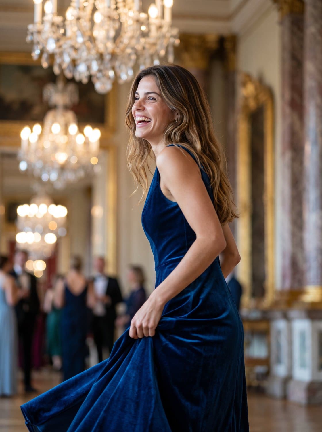 The same character laughing mid-turn in a sapphire velvet gown, ballroom chandeliers behind her