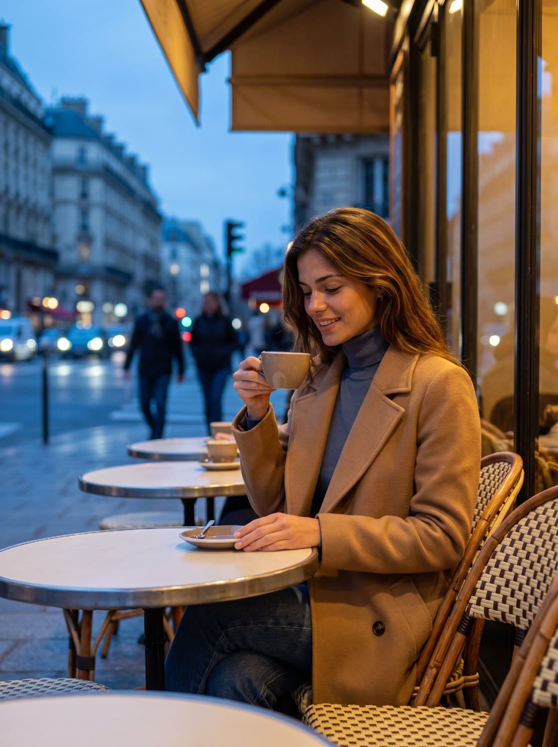The same character mid-conversation at a Paris cafe table, lifting her cup
