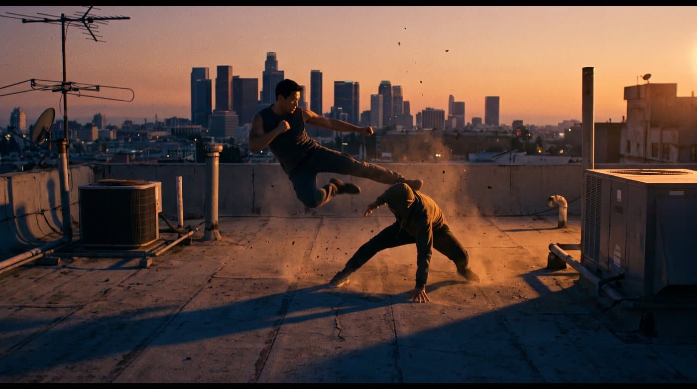 The same choreography rendered — two fighters run the identical exchange against a dusk skyline