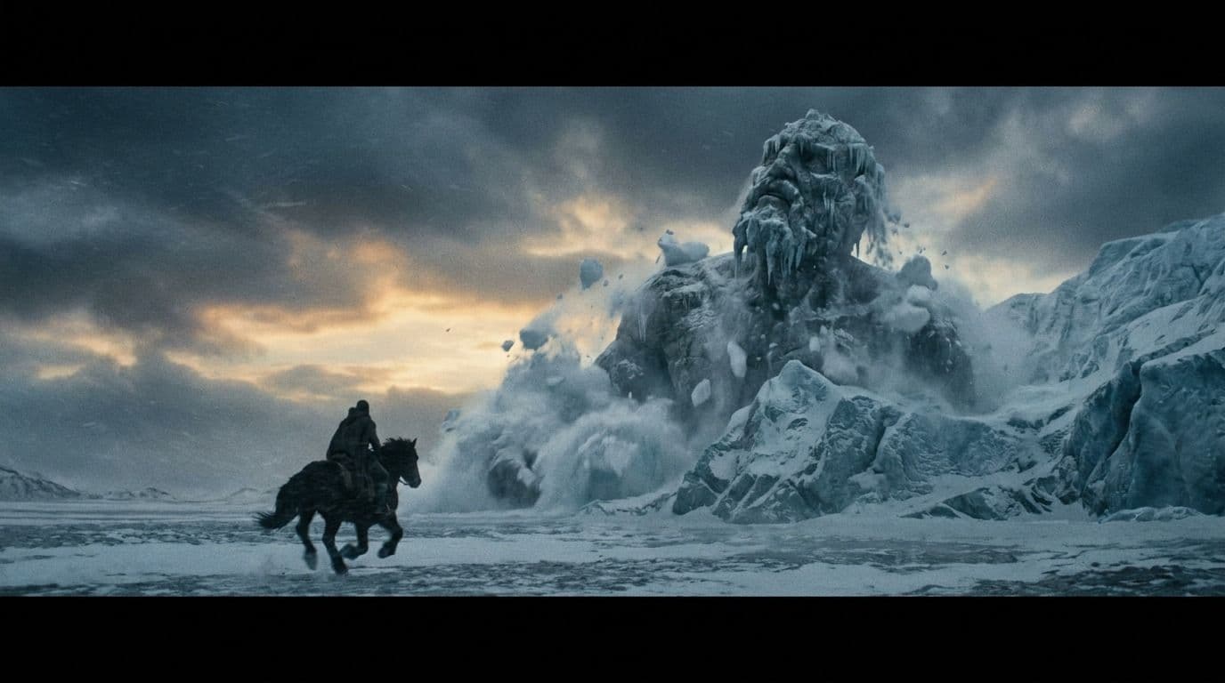 A rider gallops across a frozen plain as a colossal stone titan rises behind them