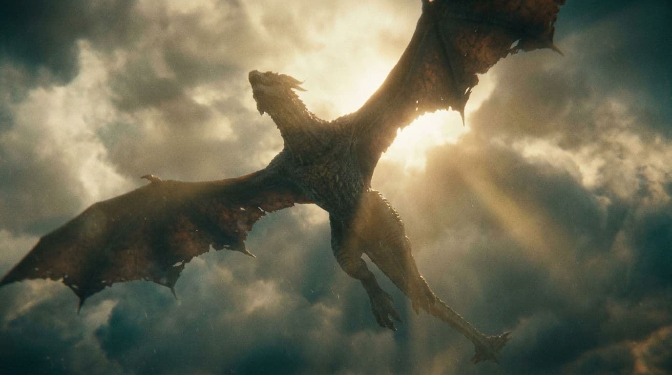 Generated shot three — low angle of the dragon descending through cloud, backlit by the sun