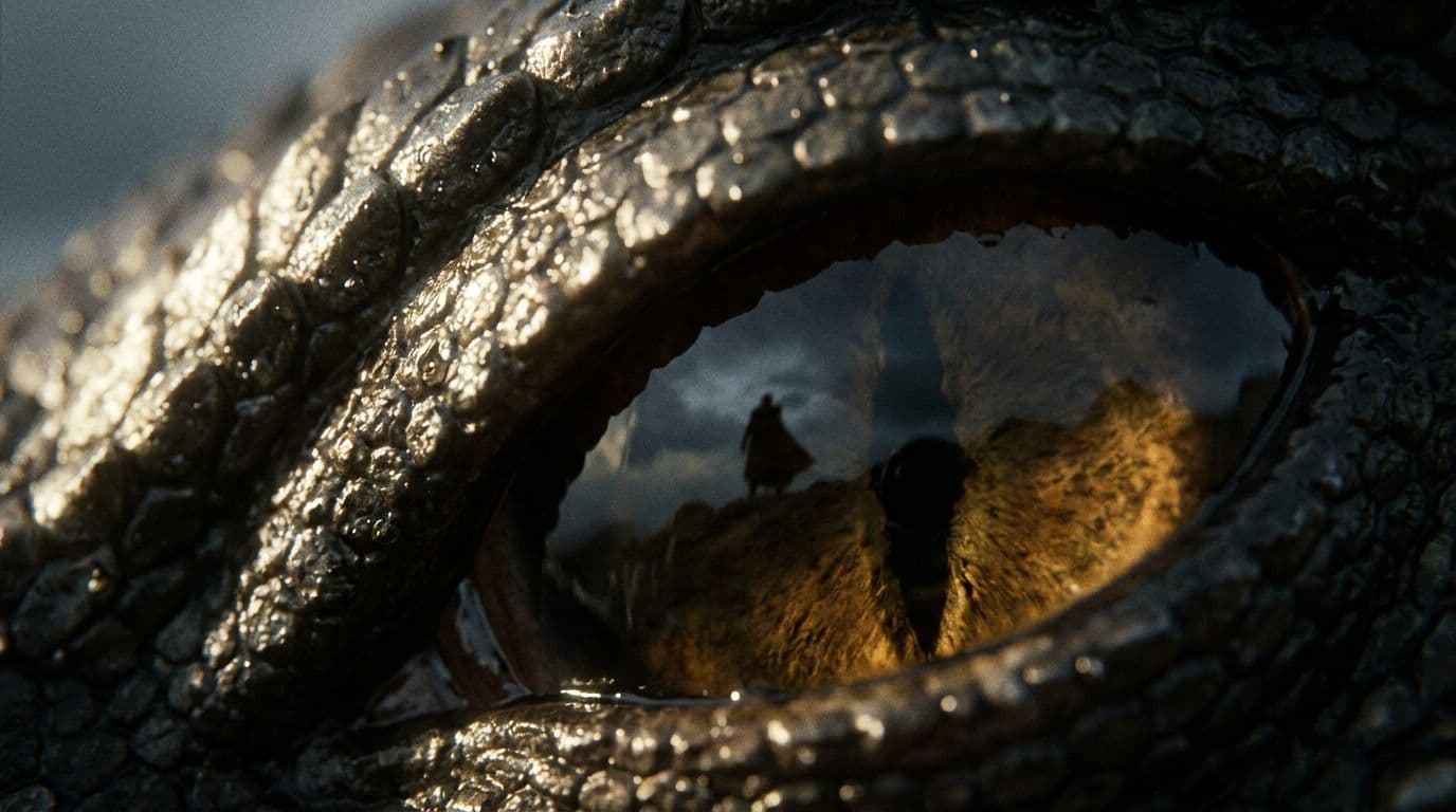 Generated shot four — extreme close-up of the dragon amber eye with a figure reflected in the pupil