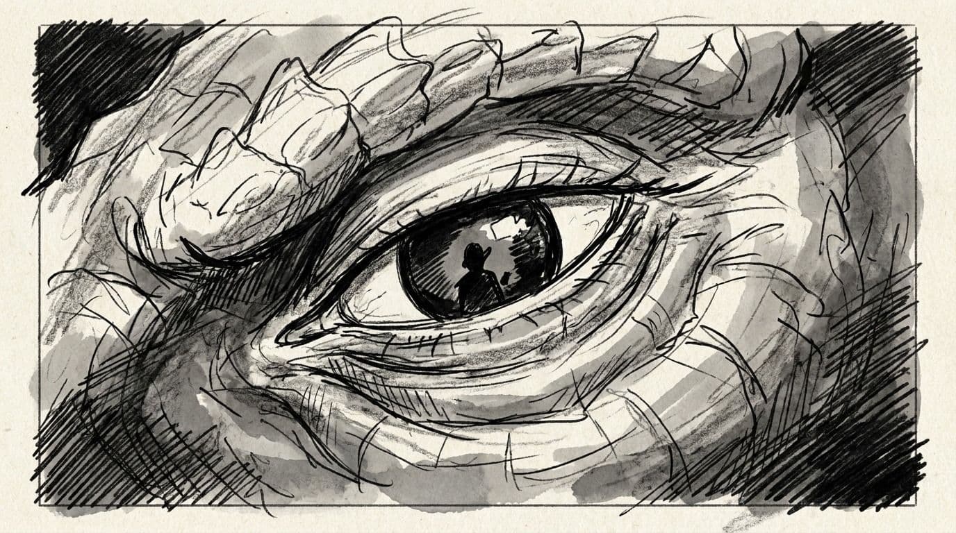 Storyboard panel four — extreme close up of the dragon eye