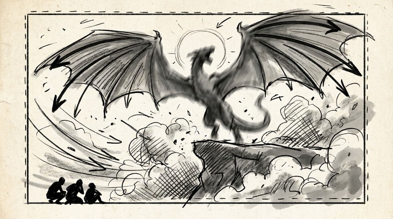 Storyboard panel six — the dragon launches off the ledge, dust blasting outward
